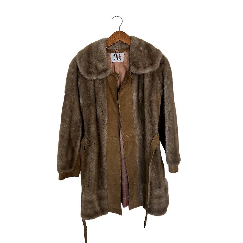 Vtg Womens Lilli Ann Brown Fur Coat Suede Trim Belt 70s Made in England Medium